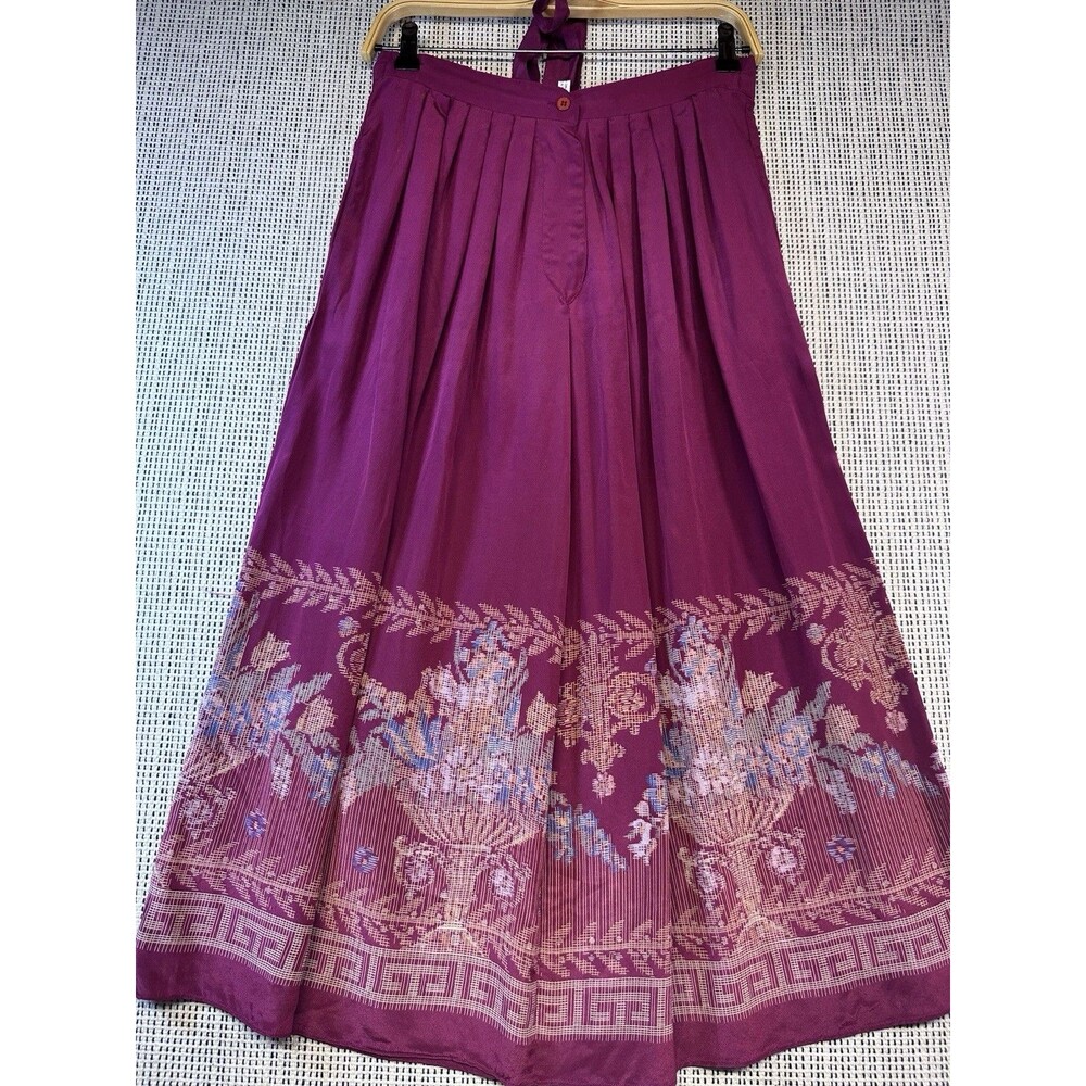 Vintage 100% Silk Midi Skirt Purple Floral Border Hong Kong S/M Marc Daly